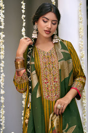 Bemberg Silk Slub Digital Print With Embroidered Straight Cut Suit